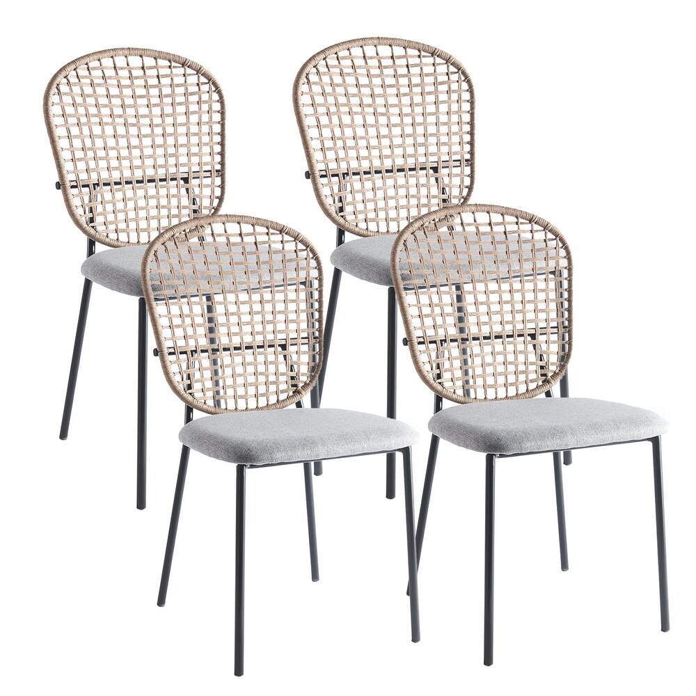 Velvet Upholstered Metal Frame Armless Rattan Dining Chair Set of 4