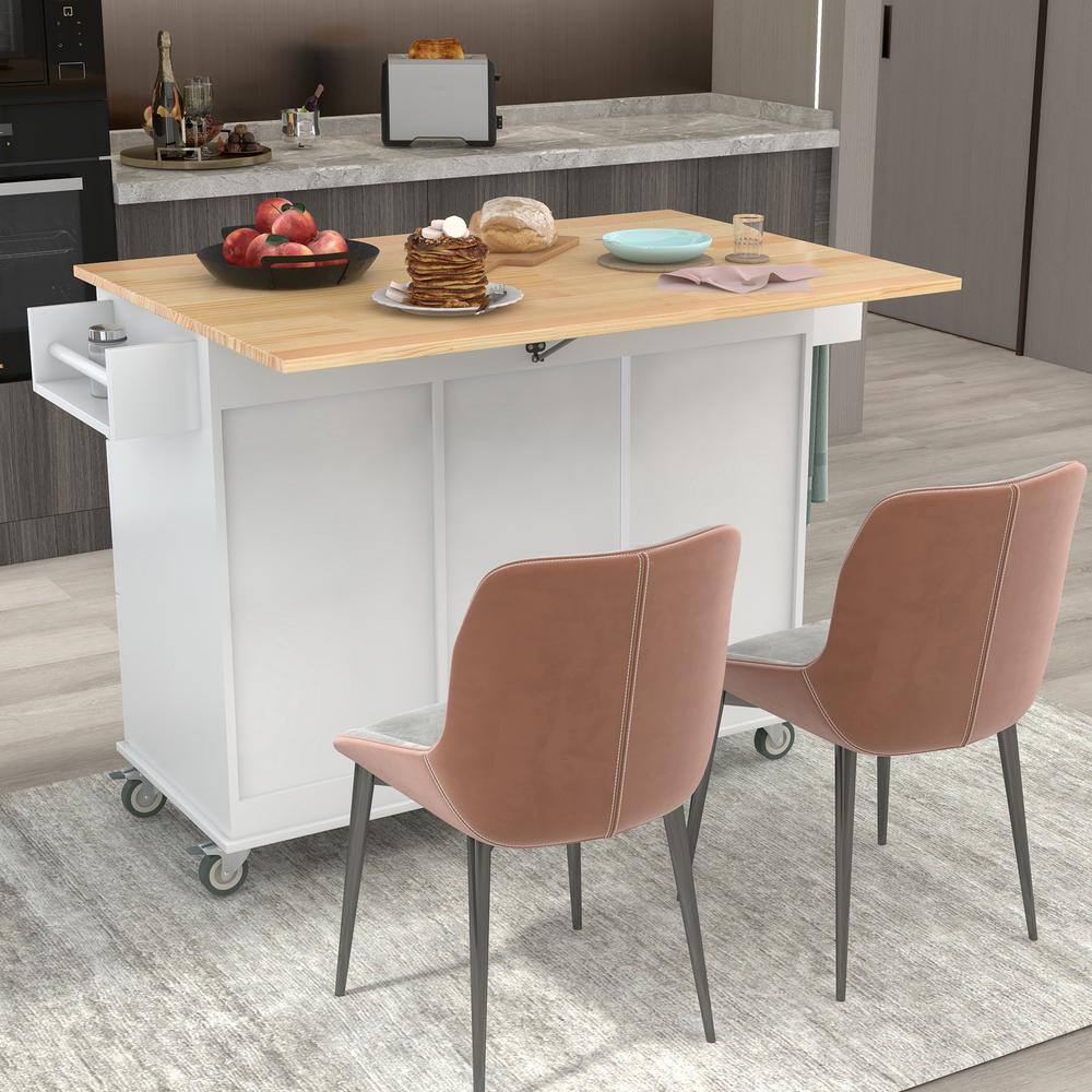 Tileon White Solid Wood Top 52.76 in. W Kitchen Island with Drop Leaf and Drawers Storage Cabinet with Locking Wheels WYHDRA074