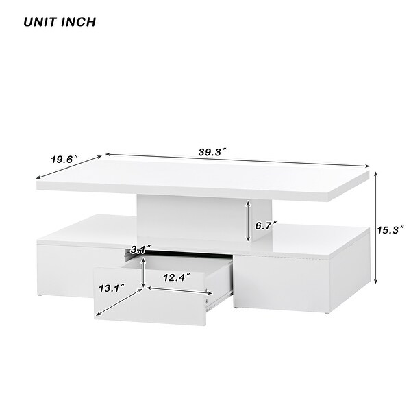 Modern Glossy Coffee Table with Drawer， 2-Tier Rectangle Center Table