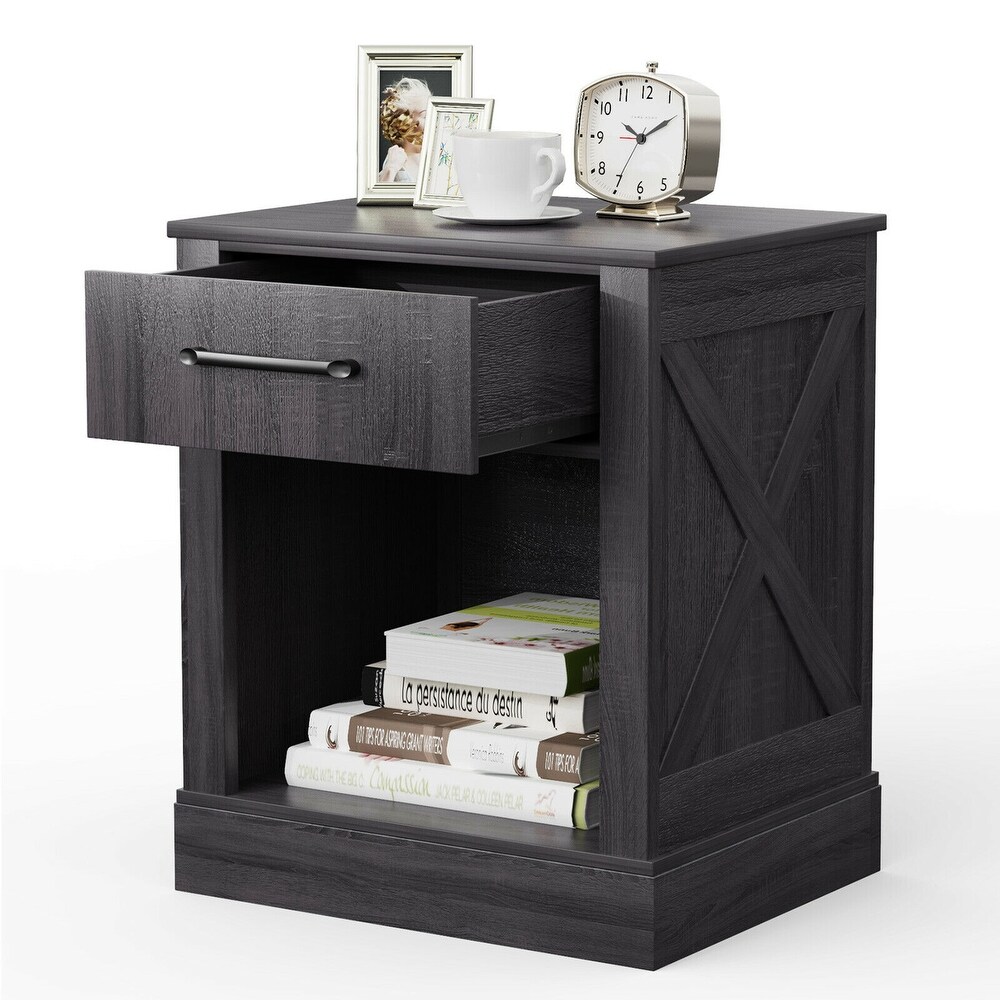 Gymax Nightstand with Drawer and Shelf Rustic Wooden Bedside Table