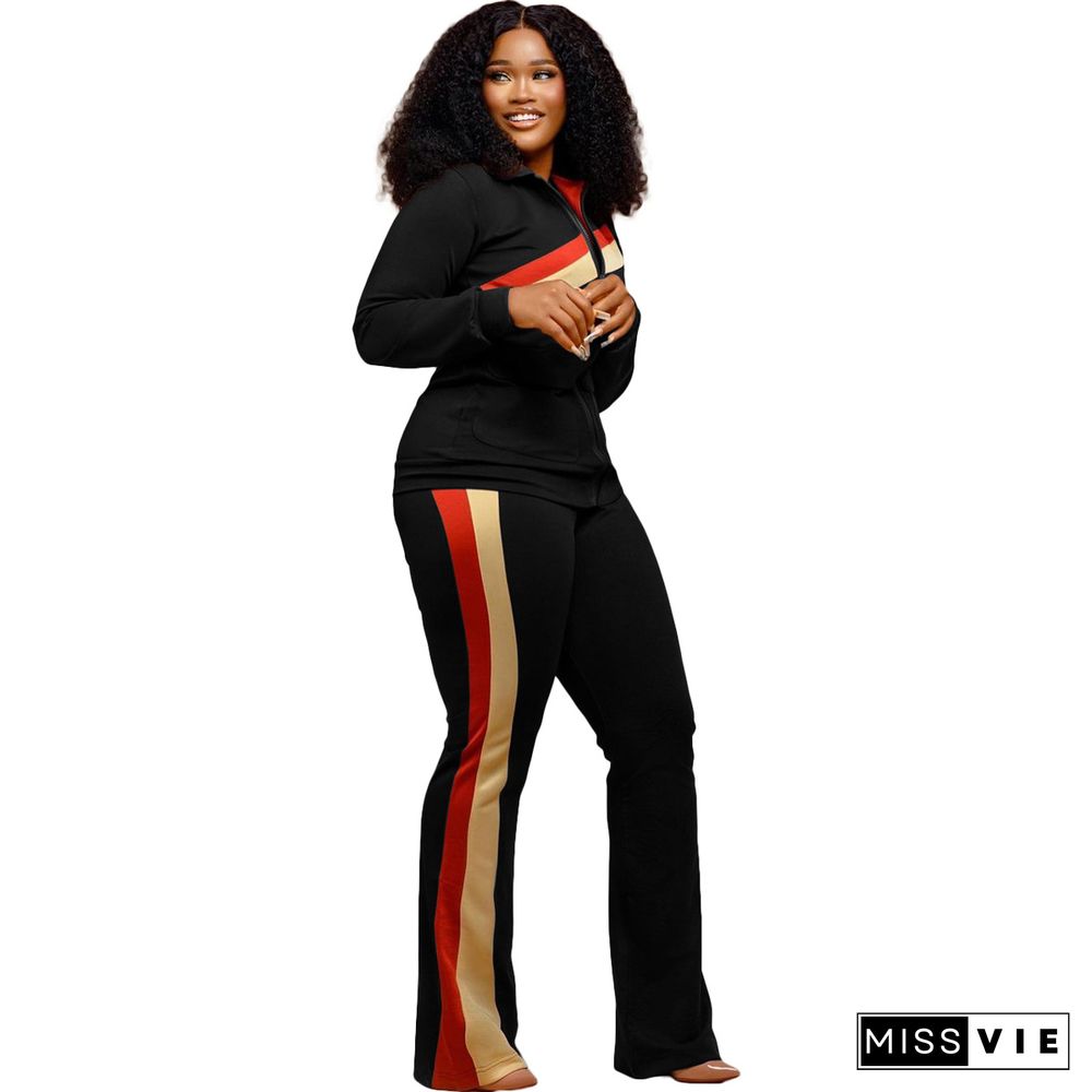 Active Striped Patchwork Jacket and Pants Sweatsuit