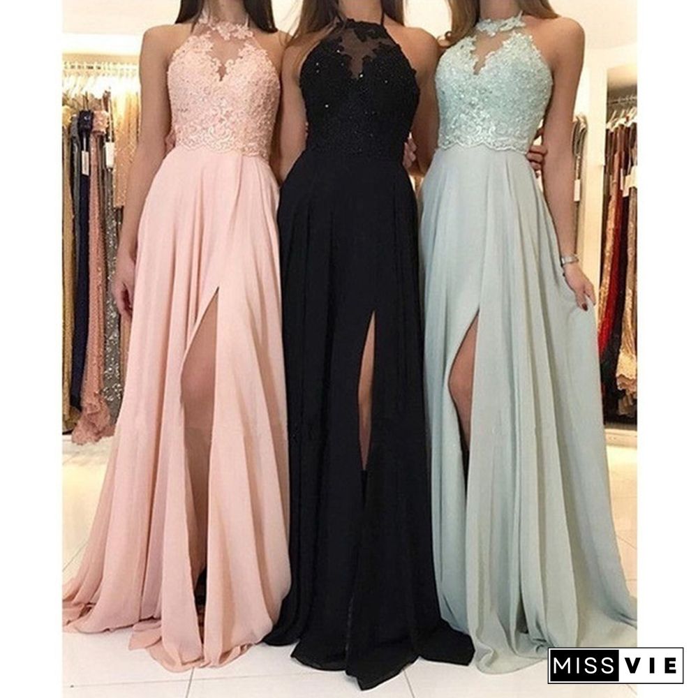 Women Fashion Sexy Elegant Sleeveless Lace Stitching Solid Color Dresses Laides Evening Party Dress Bridesmaid Dress Wedding Dress