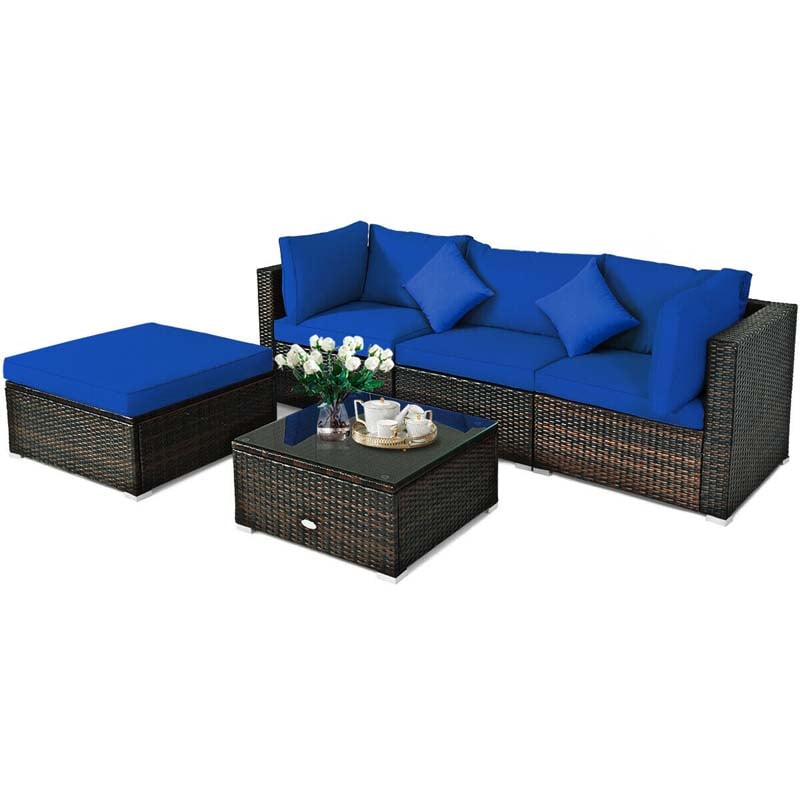 5 Pcs Outdoor Patio Rattan Furniture Sectional Sofa Set Wicker Conversation Set with Cushions