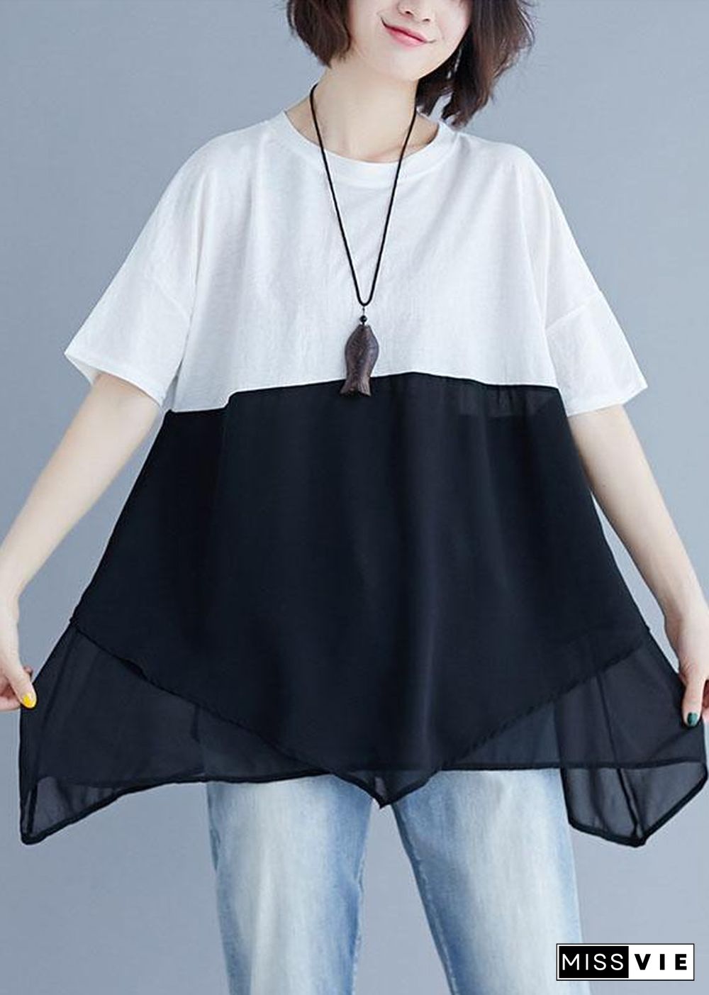 French o neck patchwork chiffon shirts women Inspiration white shirt summer