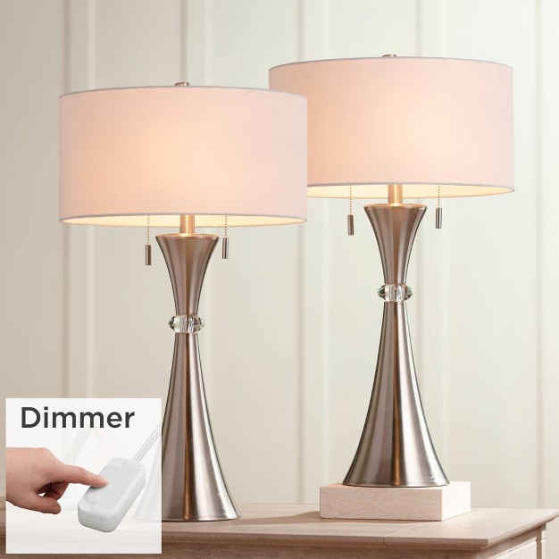 Tall Set Of 2 Column Silver Metal With Table Top Dimmers White Drum For Bedroom Living Room Bedside