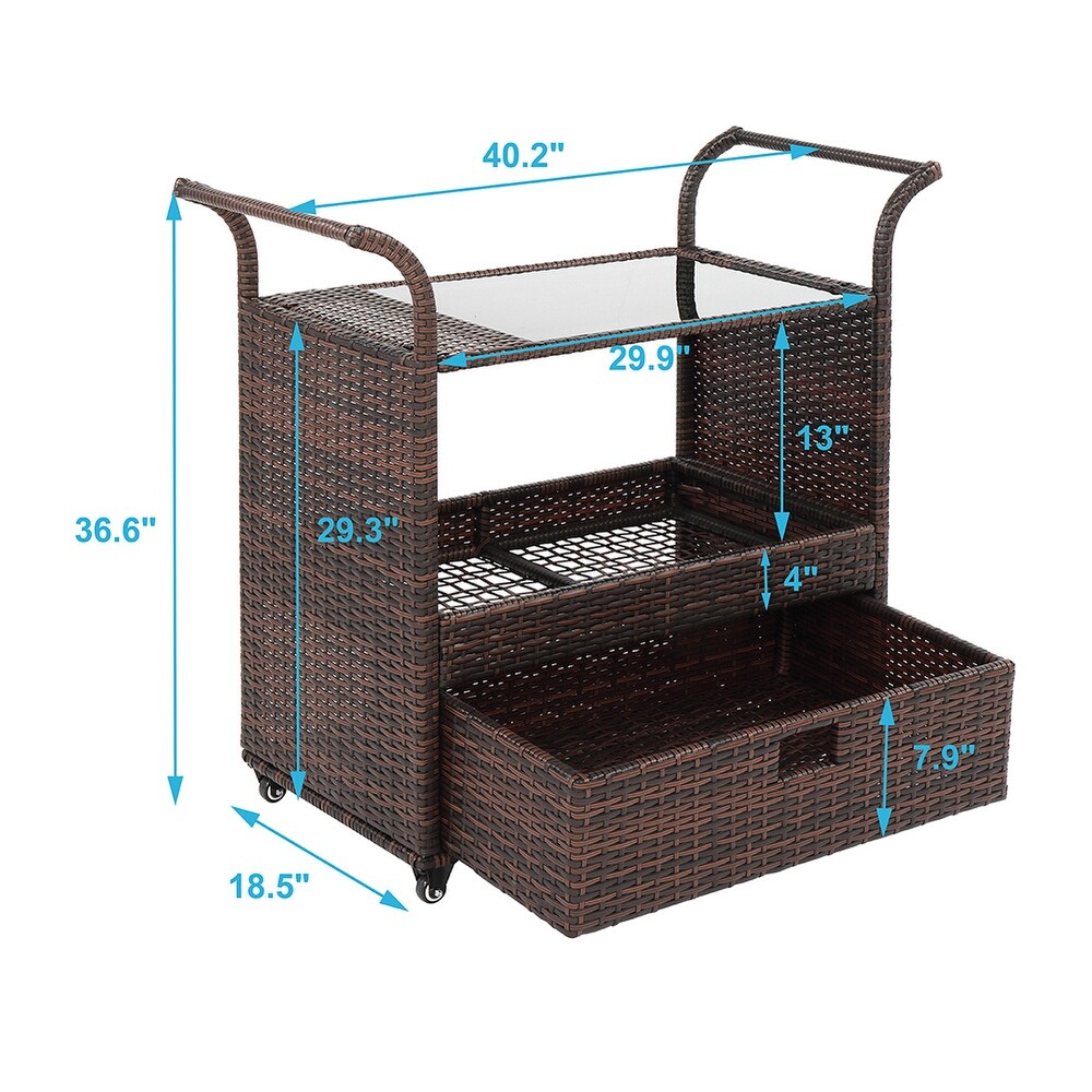 Outdoor Patio Wicker Rattan Serving Bar Cart Sideboard On Wheels Brown