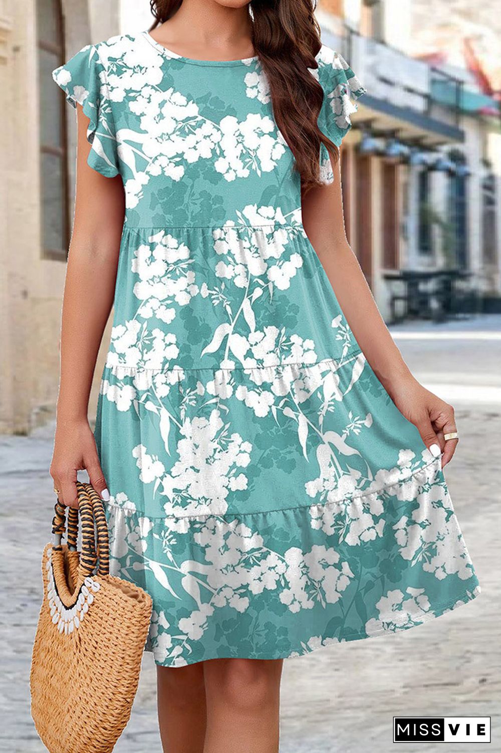 Ruffles Sleeves Tiered Floral Dress