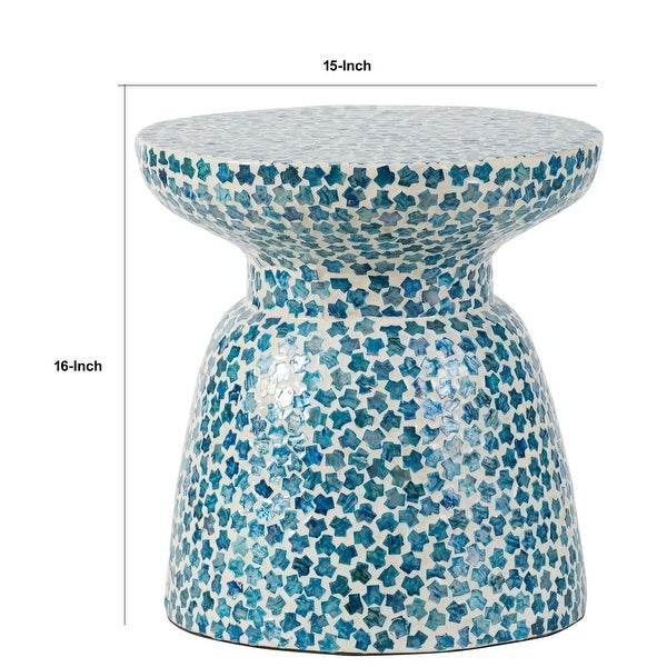 Ivy 16 Inch Round End Side Table， Bamboo Platform， Mosaic， Blue， White