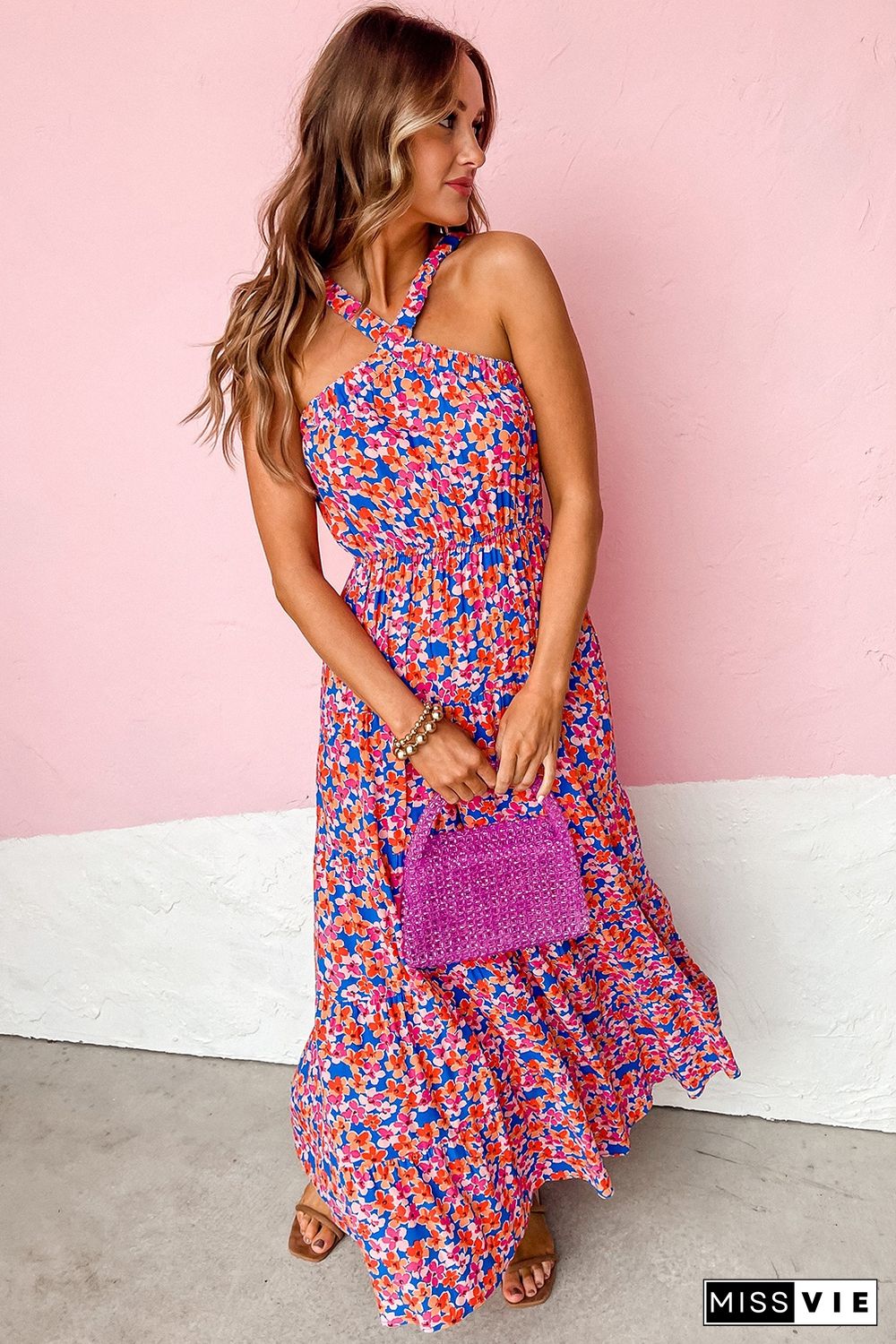 Red Floral Halter Maxi Dress