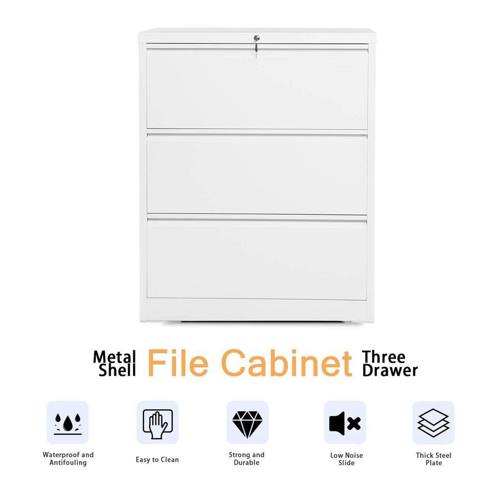 Aobabo White 3-Drawer Lateral File Cabinet with Lock for LetterLegal Size Paper ABX-1