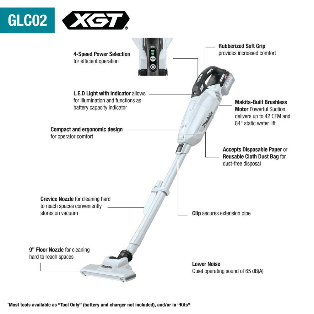 Makita 40V max XGT 4 Speed Compact Stick Vacuum with Dust Bag Bare Tool GLC02Z from Makita