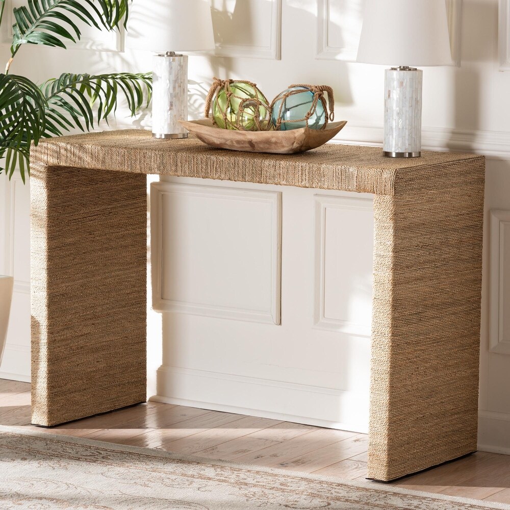 Colandra Modern Bohemian Natural Brown Seagrass and Wood Console Table