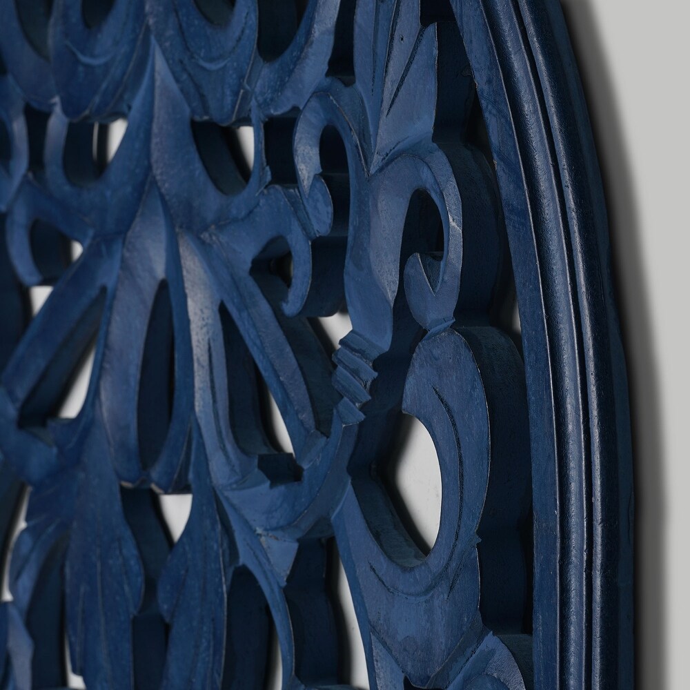 Hand Carved Arched Navy Blue Wood Wall Accent Medallion   24\