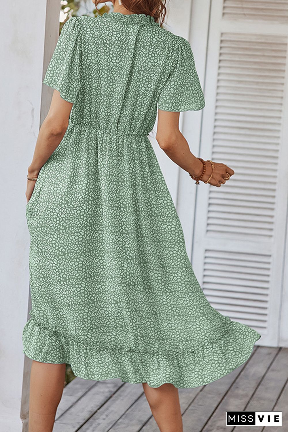 Polka Dot V-neck Short Sleeve Waisted Long Dress Wholesale