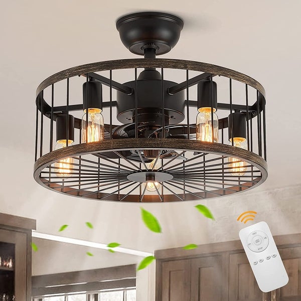 20 in. Low Profile Ceiling Fan Light Modern Farmhouse Wood Finish Caged Ceiling Fan with Light and Remote Shopping - The Best Deals on Ceiling Fans | 40091132