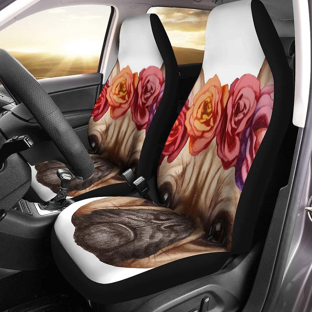 Set Of 2 Car Seat Covers Rose Portrait Of French Bulldog Floral Wreath Digitally Universal Auto Front Seats Protector Fits