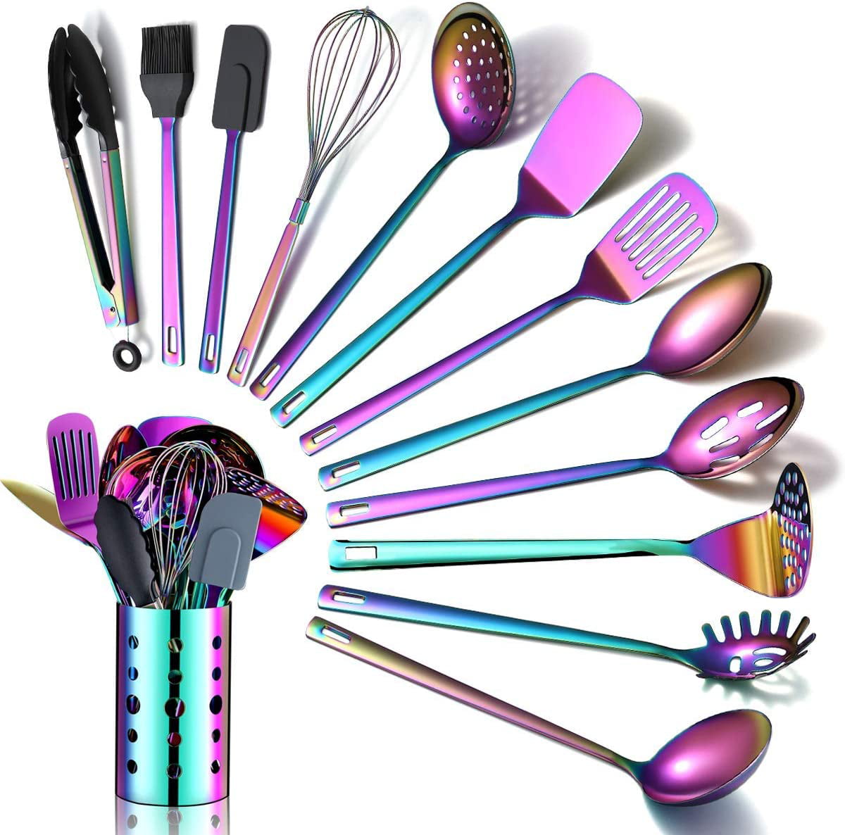 Rainbow Kitchen Utensils Set,13 Pieces Stainless Steel Cooking Utensils Set With Titanium Rainbow Plating,Kitchen Tools Set With Utensil Holder For Non-Stick Cookware Dishwasher Safe (13 Packs)