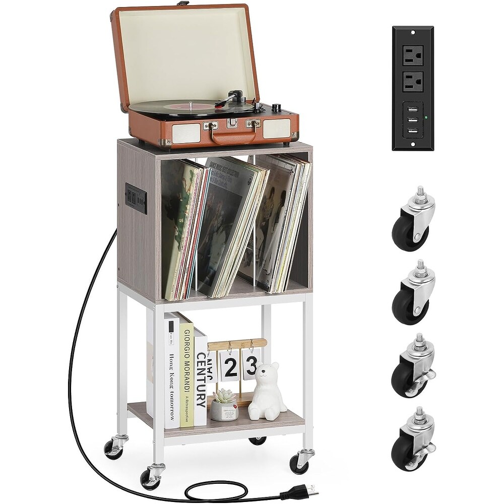 3 Tier Vinyl Record Storage Cabinet with Charging Station