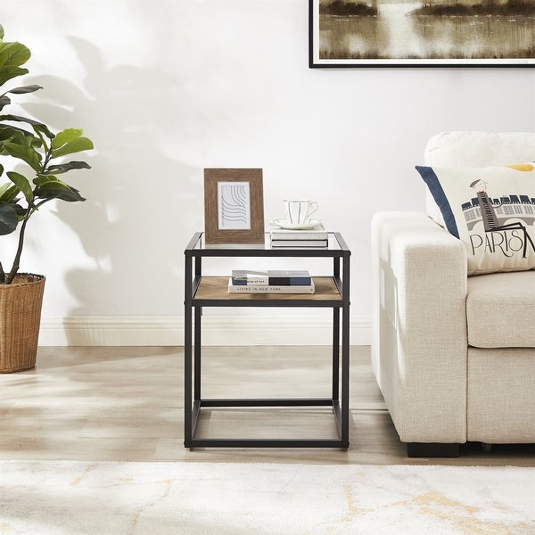 Tempered Glass Top Side Table， 2-Tier End Table