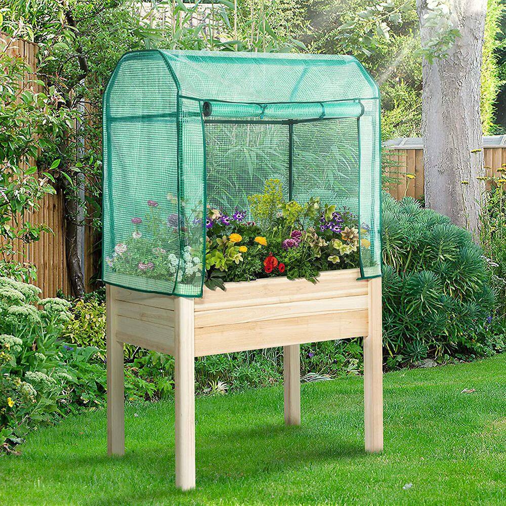 BACKYARD EXPRESSIONS PATIO · HOME · GARDEN Large 36 in. x 24 in. Tan Wood Raised Planter Box with Greenhouse 906533