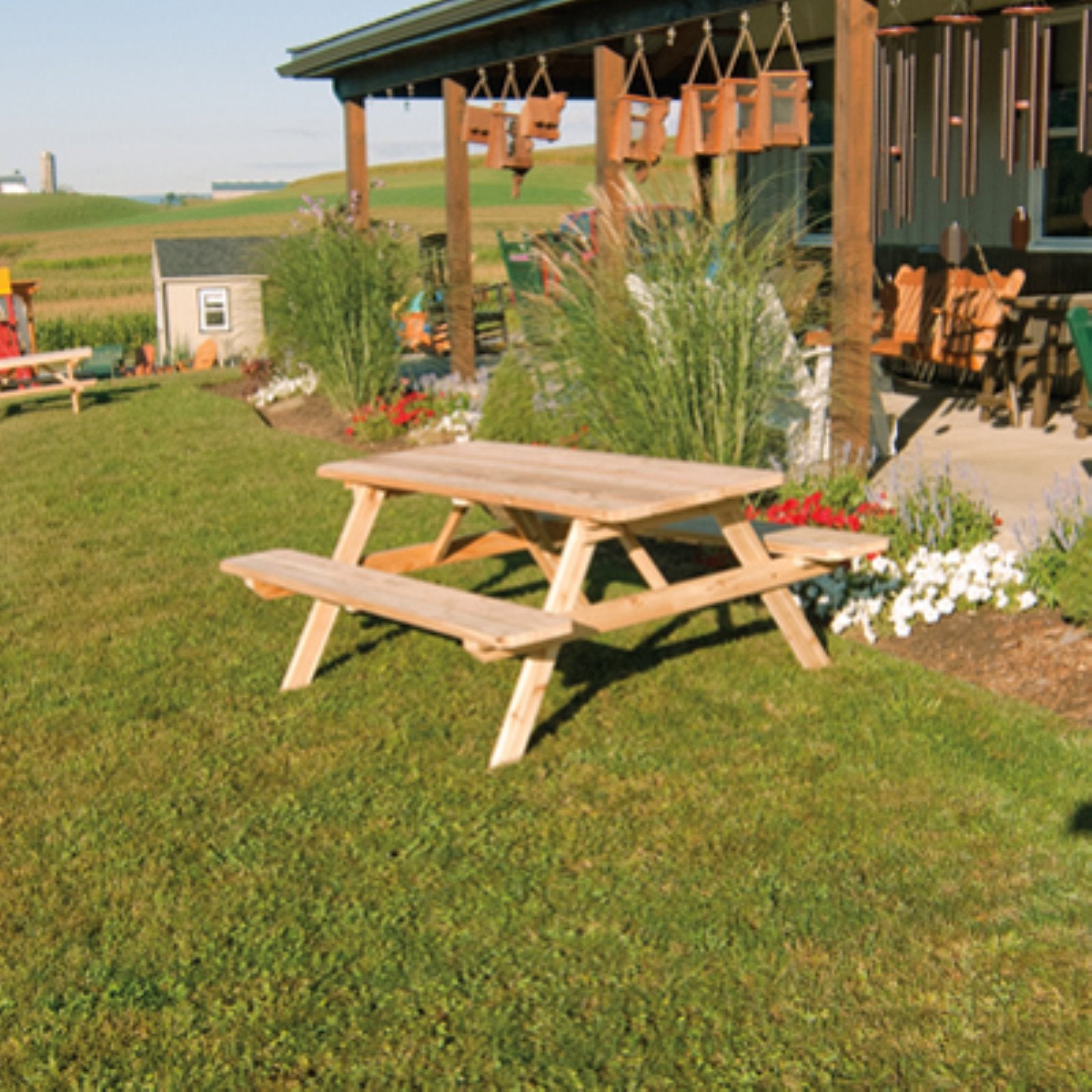 A andamp; L Furniture Western Red Cedar Picnic Table with Attached Benches