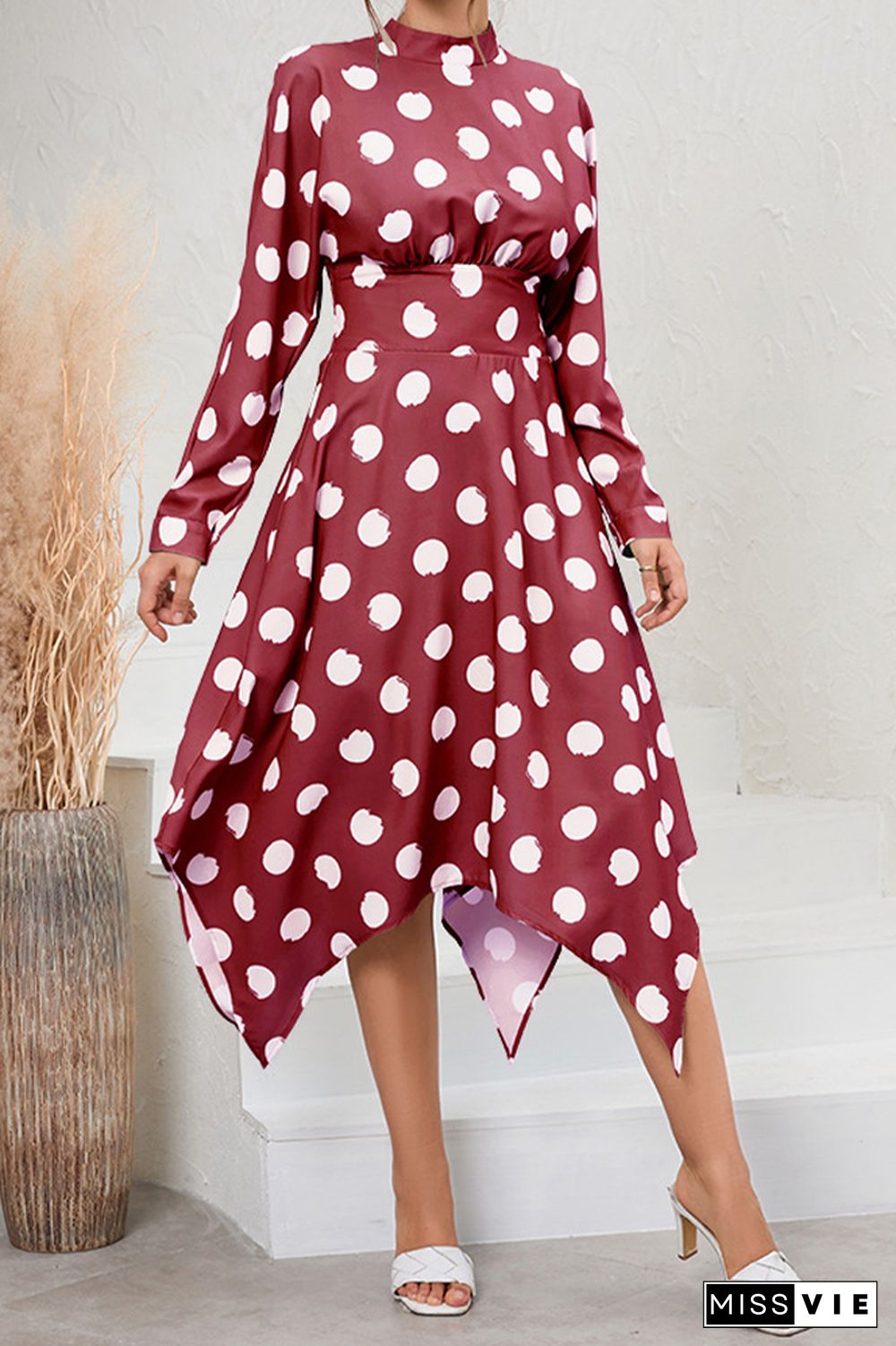 Long Sleeve High Waist Polka Dot Dress