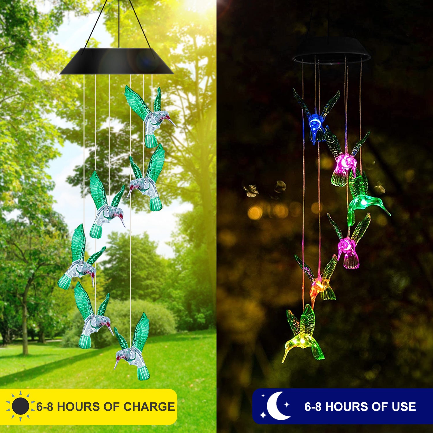 Chrlaon Solar Changing Wind Chime Light， Hanging Hummingbird Wind Chime for Outdoor Multicolor