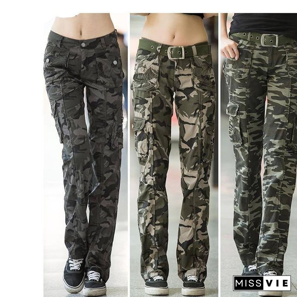 Women Workout Casual Military Camouflage Cargo Jeans Pants Denim Overalls Ladies Straight Multi-pocket Trousers Pantalon Femme