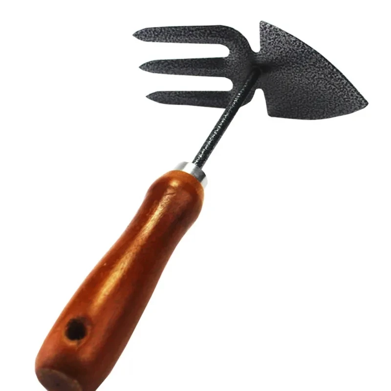 Multifunction Double Use Carbon Steel Mahogany Handle Garden Weeding Hoe with 3 Tines Fork