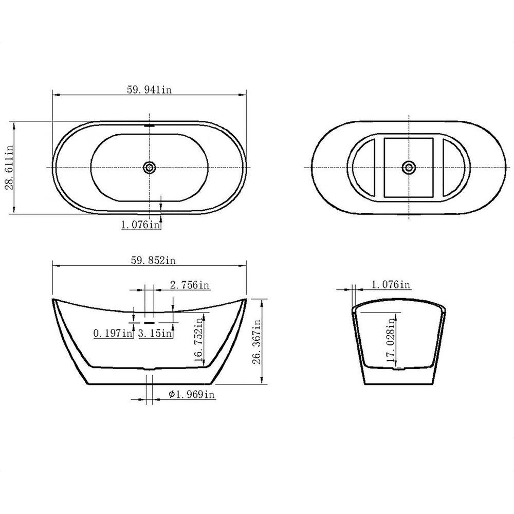 AKDY Freestanding 60 in. Fiberglass Double Slipper Flatbottom Modern Stand Alone Non-Whirlpool Bathtub in Matte Black BT0130