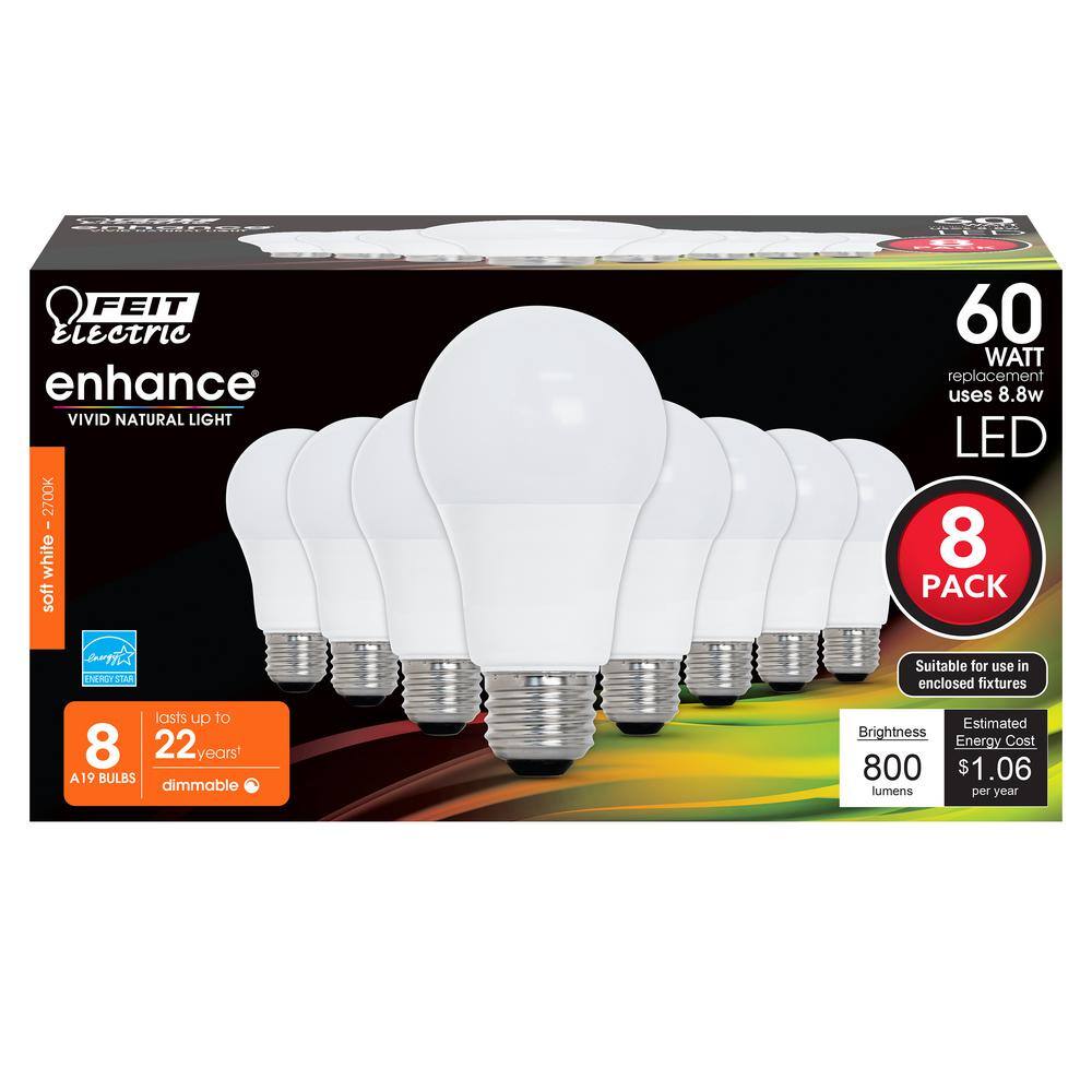 Feit Electric 60-Watt Equivalent A19 Dimmable CEC Title 20 Compliant ENERGY STAR 90+ CRI LED Light Bulb Soft White 2700K (8-Pack) OM60DM927CA8