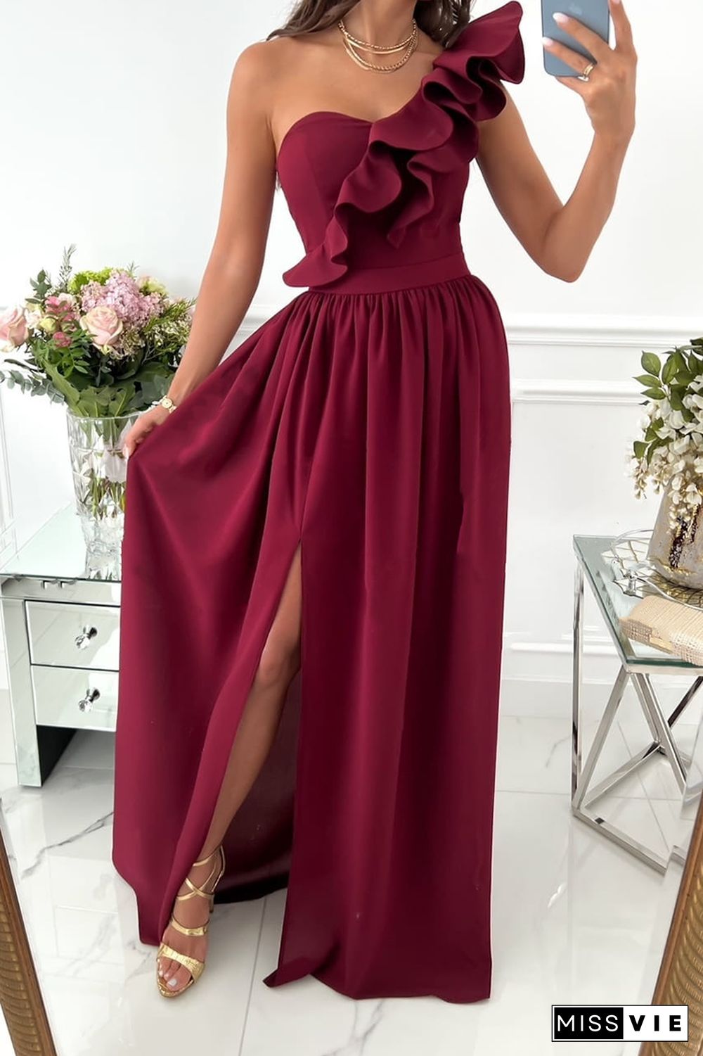 Casual Solid Flounce One Shoulder Cake Skirt Dresses(6 colors)