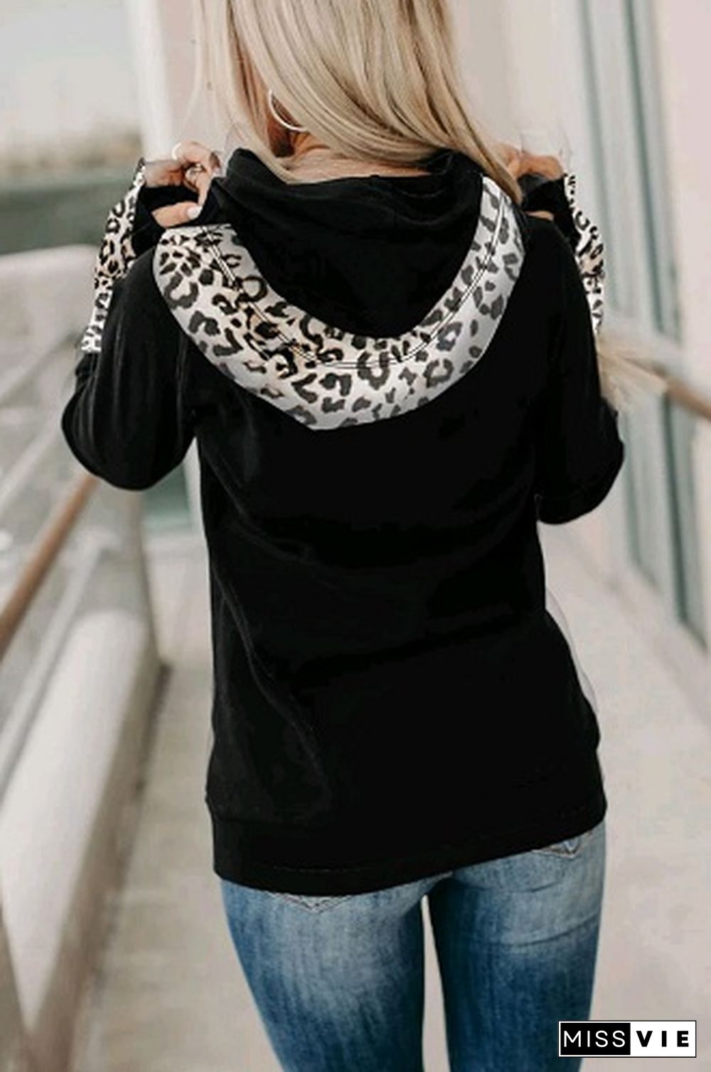 Black Leopard Striped Sleeve Loose Hoodies