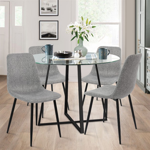 Hana Bingo 5 piece Round Clear Glass Dining Table Set With 4 Upholstered Chairs Black Legs The Pop Maison