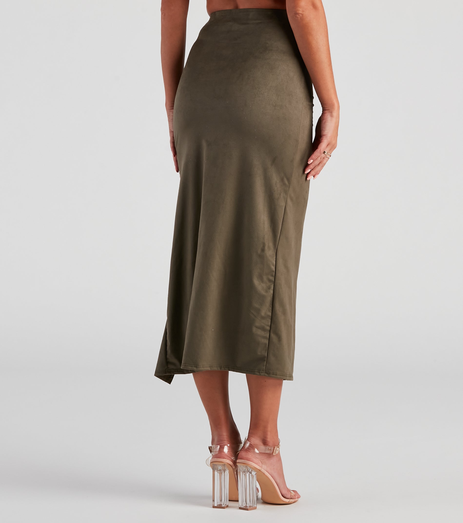 Faux Suede High Waist Ruched Midi Skirt