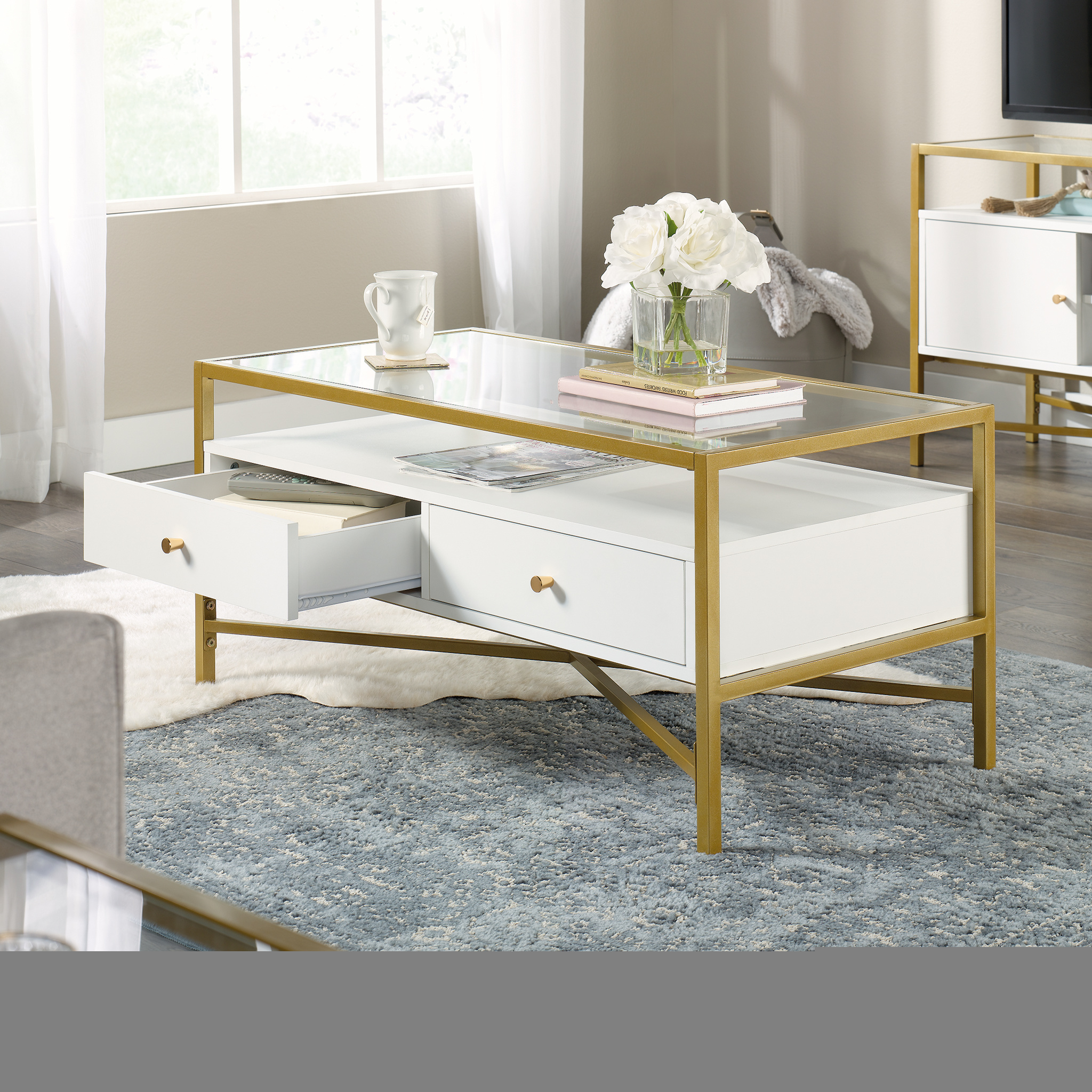 Curiod Glass Top Gold Metal Rectangular Coffee Table with Storage White Finish  Crowdfused