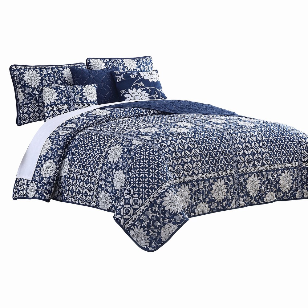 Ann 6 Piece King Size Polyester Quilt Set  Flowers  Reversible  Navy Blue