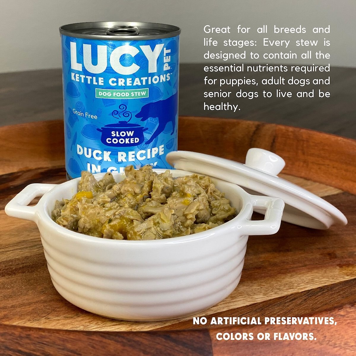 Lucy Pet Products Kettle Creations Duck Recipe in Gravy Wet Dog Food， 12.5-oz can， case of 12