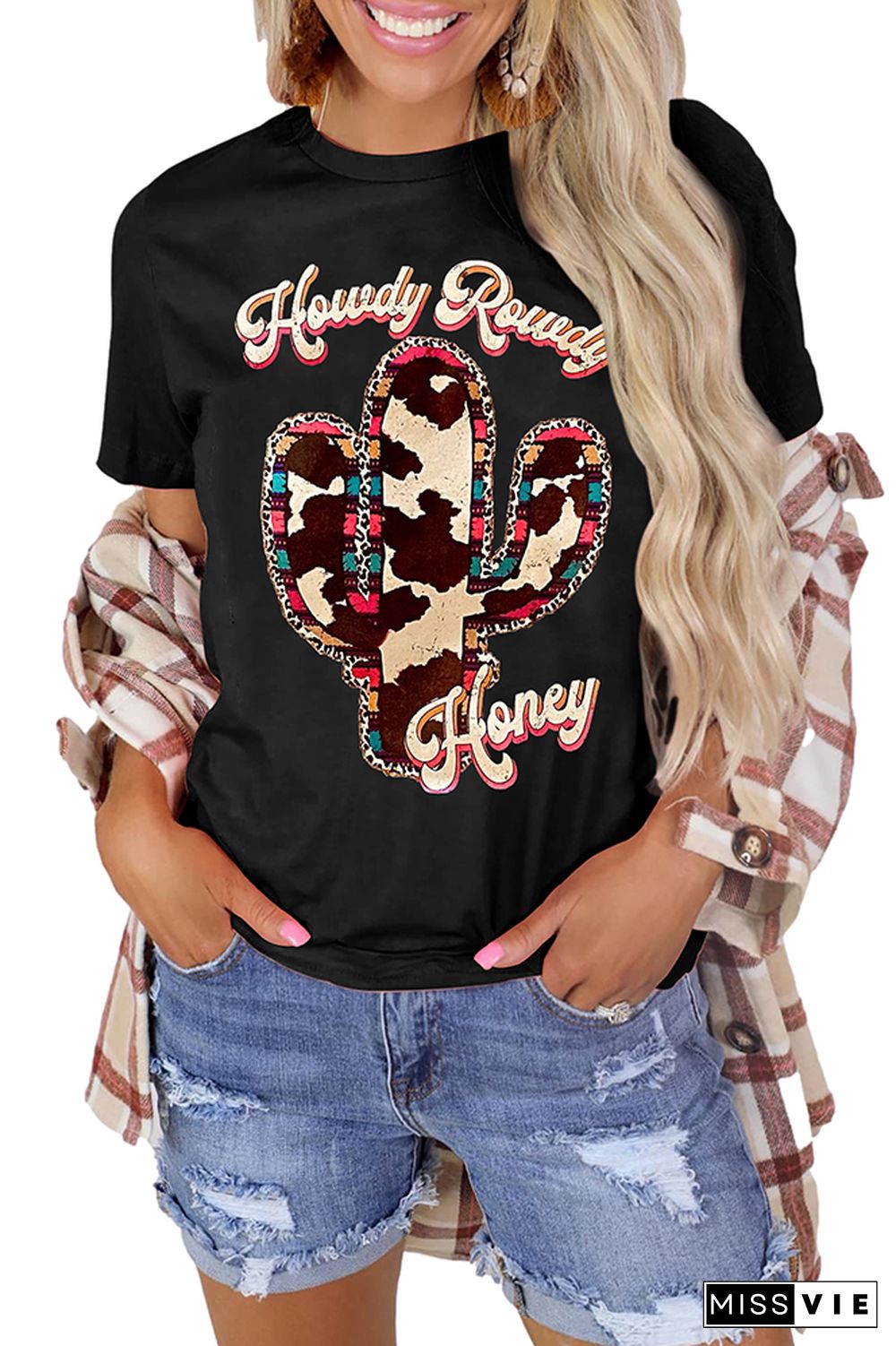 Howdy Rowdy And Honey Print Graphic Tees for Women Wholesale Short Sleeve T shirts Top