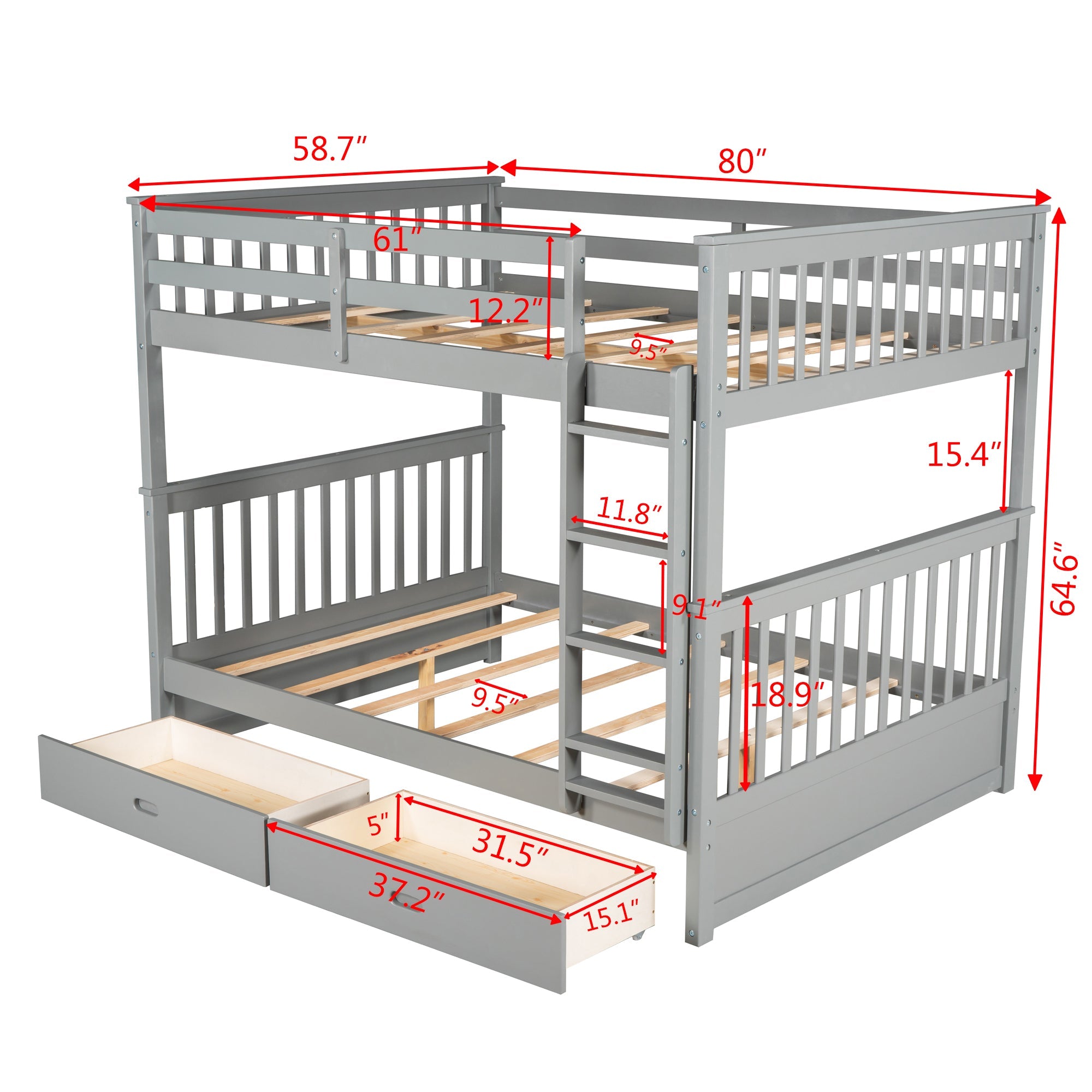 Wood Full Over Full Bunk Bed with Two Storage Drawers and Ladders for Kids Adults,Gray