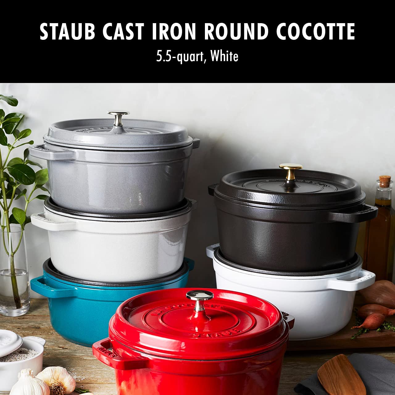 STAUB Cast Iron Round Cocotte Dutch Oven， 5.5-quart， White， Made in France