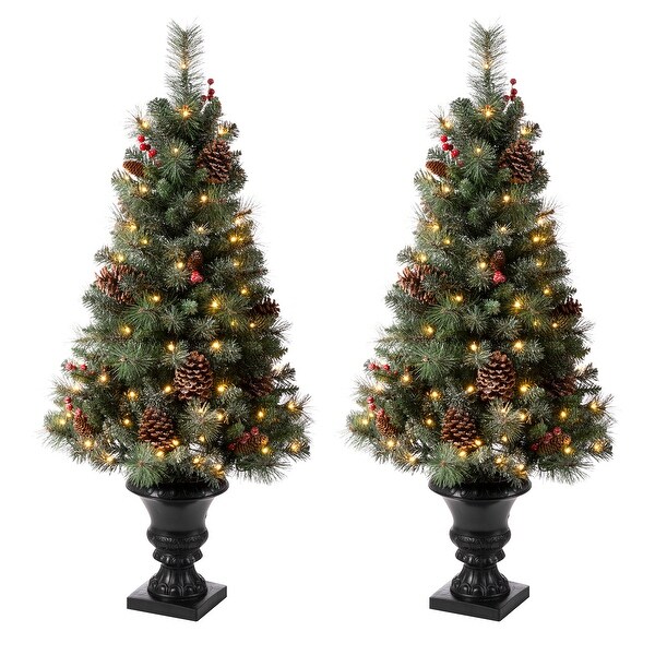 Glitzhome 4ft/5ft/6ft Flocked Pine Christmas Potted Porch Tree With Warm White Lights