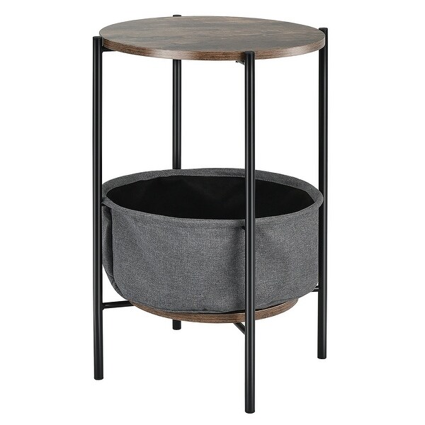 Round End Table Sofa Side Table Compact Table w Fabric Basket