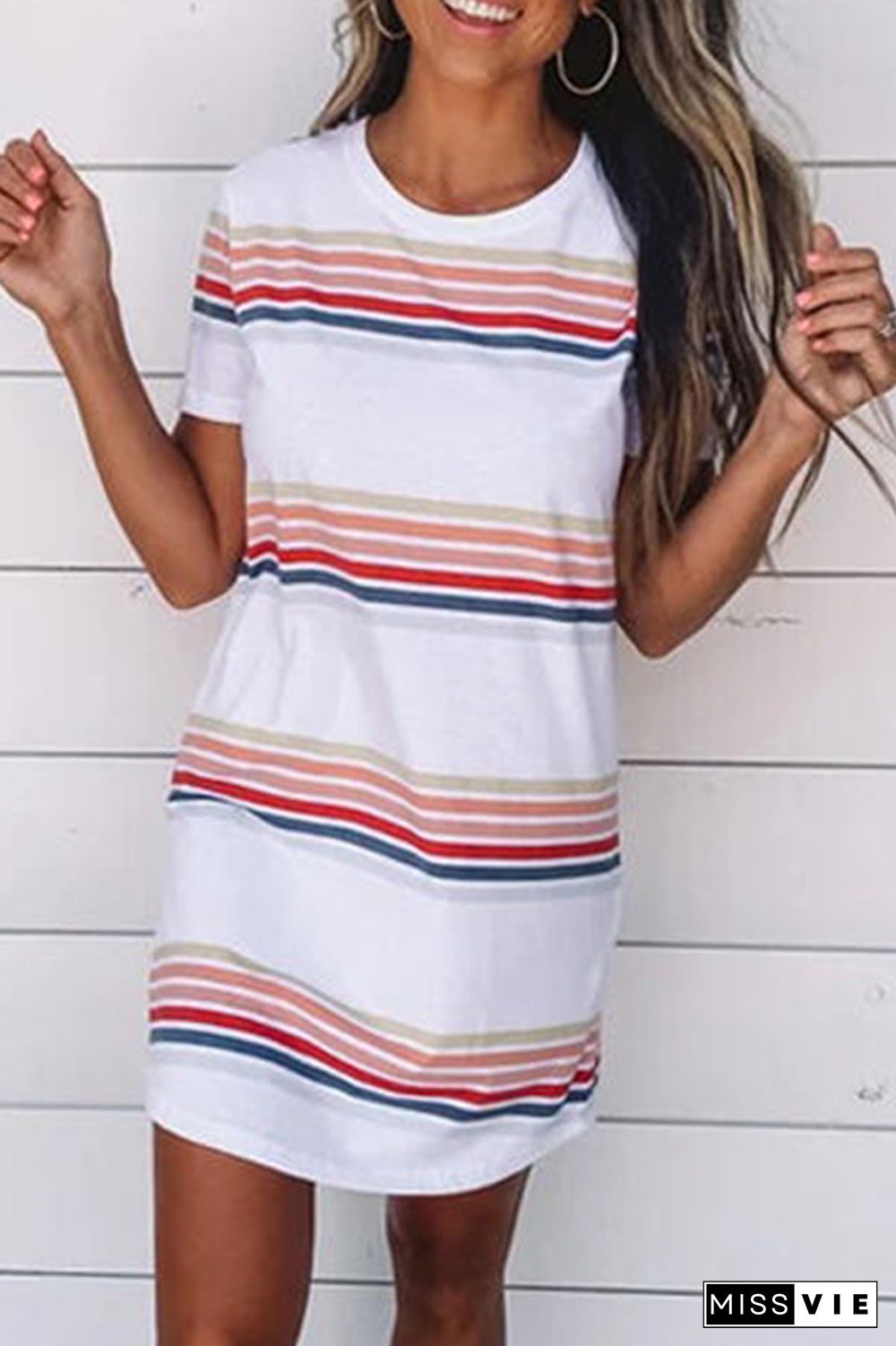 Casual Print Contrast O Neck Short Sleeve Mini Dresses