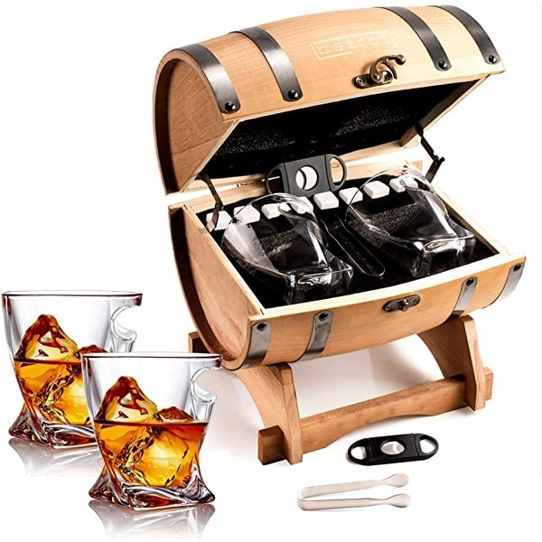 Whiskey Glasses and Accessories in Barrel Gift Box - 10 oz