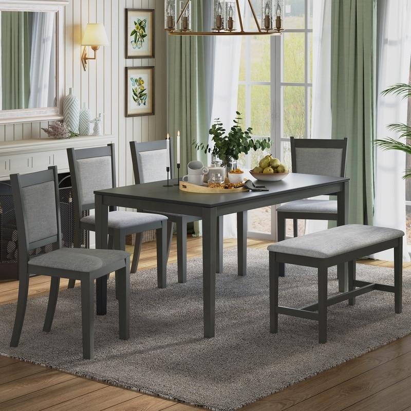 Rustic Solid Wood Dining Table Set Kitchen Table Set with Rectangular Table  4 Upholstered Chairs and Bench