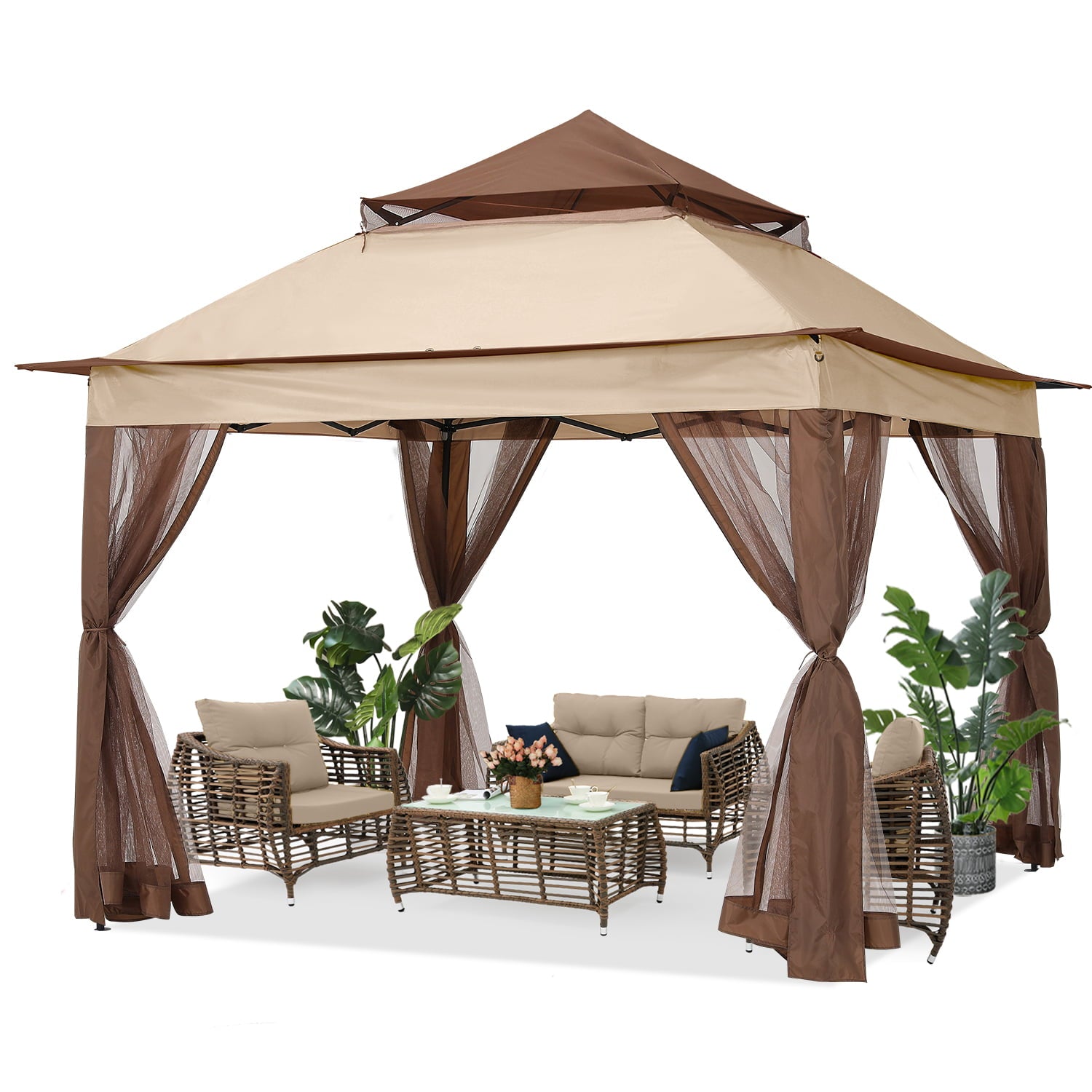 ABCCANOPY 11'x11' Gazebo Tent Outdoor Pop up Gazebo Canopy Shelter with Mosquito Netting, 11 ft, Khaki