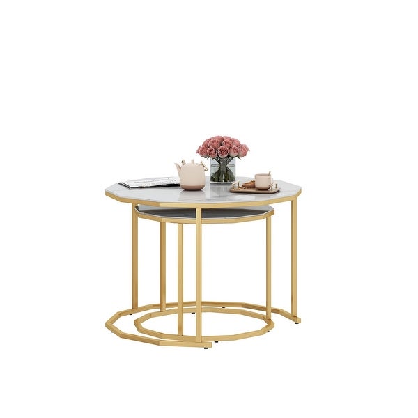 Nesting Coffee Table / End table with 12-sided Artificial Marble Top and Metal Legs