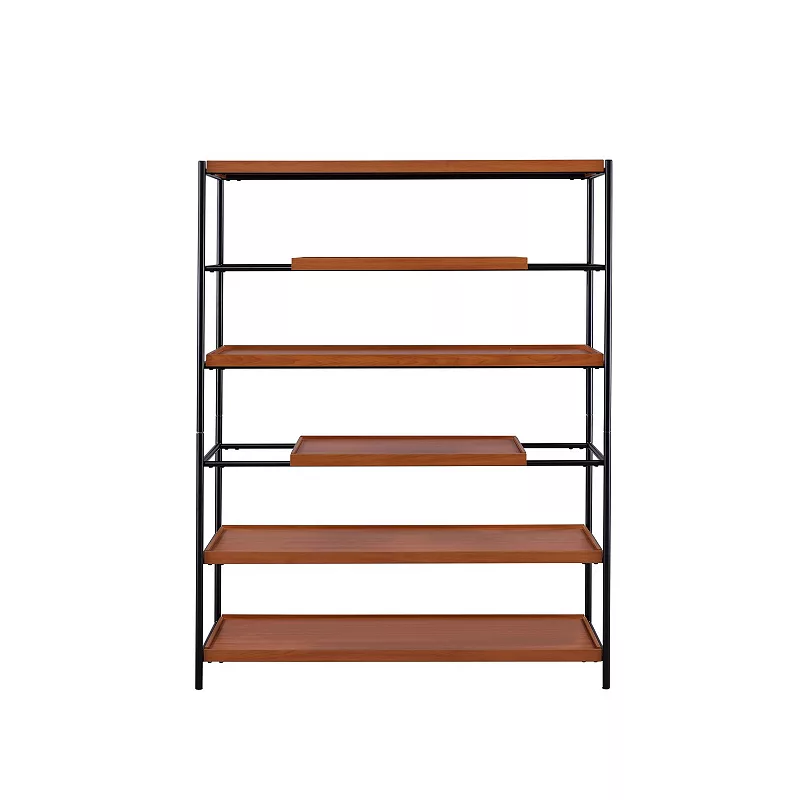 5 Tier Wooden Bookshelf with Open Metal Frame， Oak Brown and Black