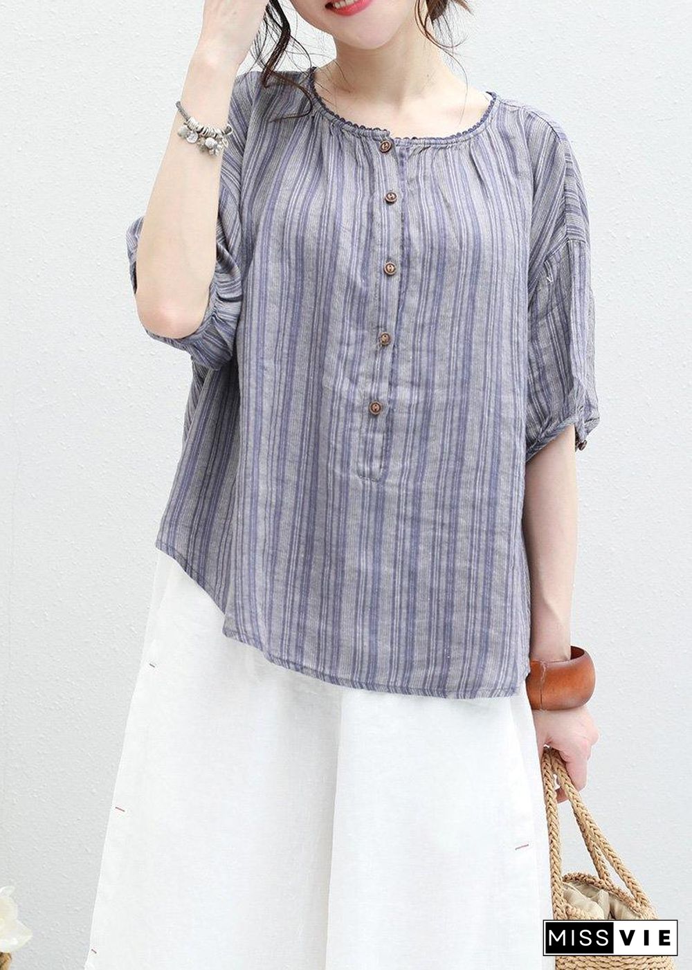 Organic blue striped linen box top o neck half sleeve oversized summer blouse